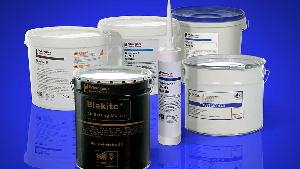 Buckets of AES – Low Bio-Persistence Wool-based caulks pictured in various sizes, against a blue background.